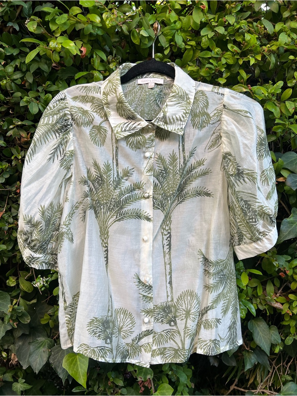 Tropical Green Palm Print Sheer Puff Sleeve Summer Button-Up Top Size Large